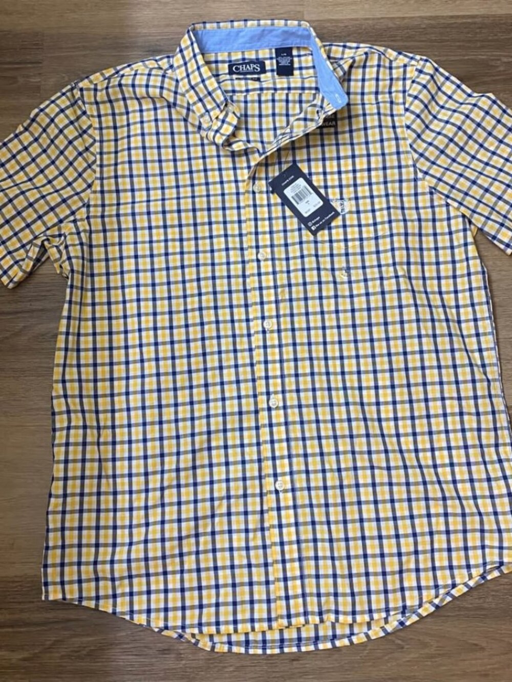 Chaps Men’s Large NWT Short Sleeve Plaid Button-Down Shirt – Sunflower Yellow/Na